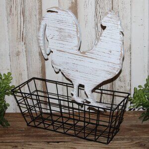 Adorable Distressed White & Black Farmhouse Rooster Countertop or Wall Basket